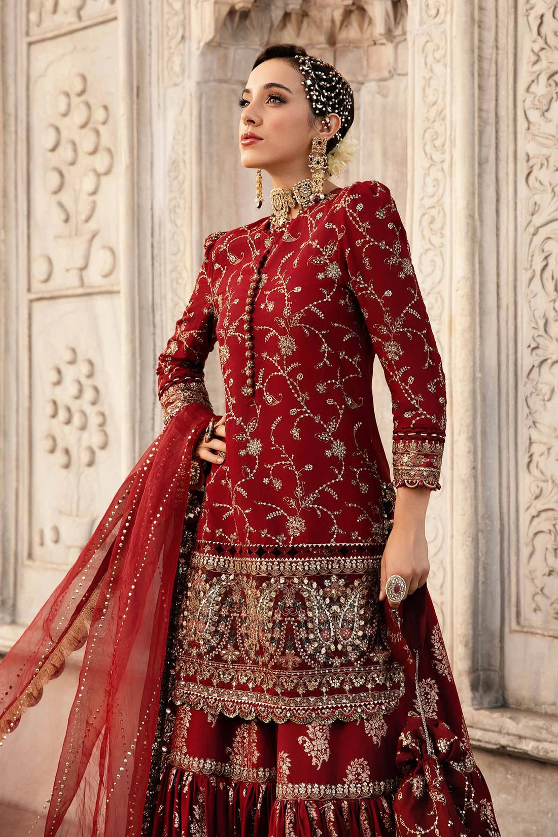 Red Embroidered Cotton Satin Suit By Maria B
