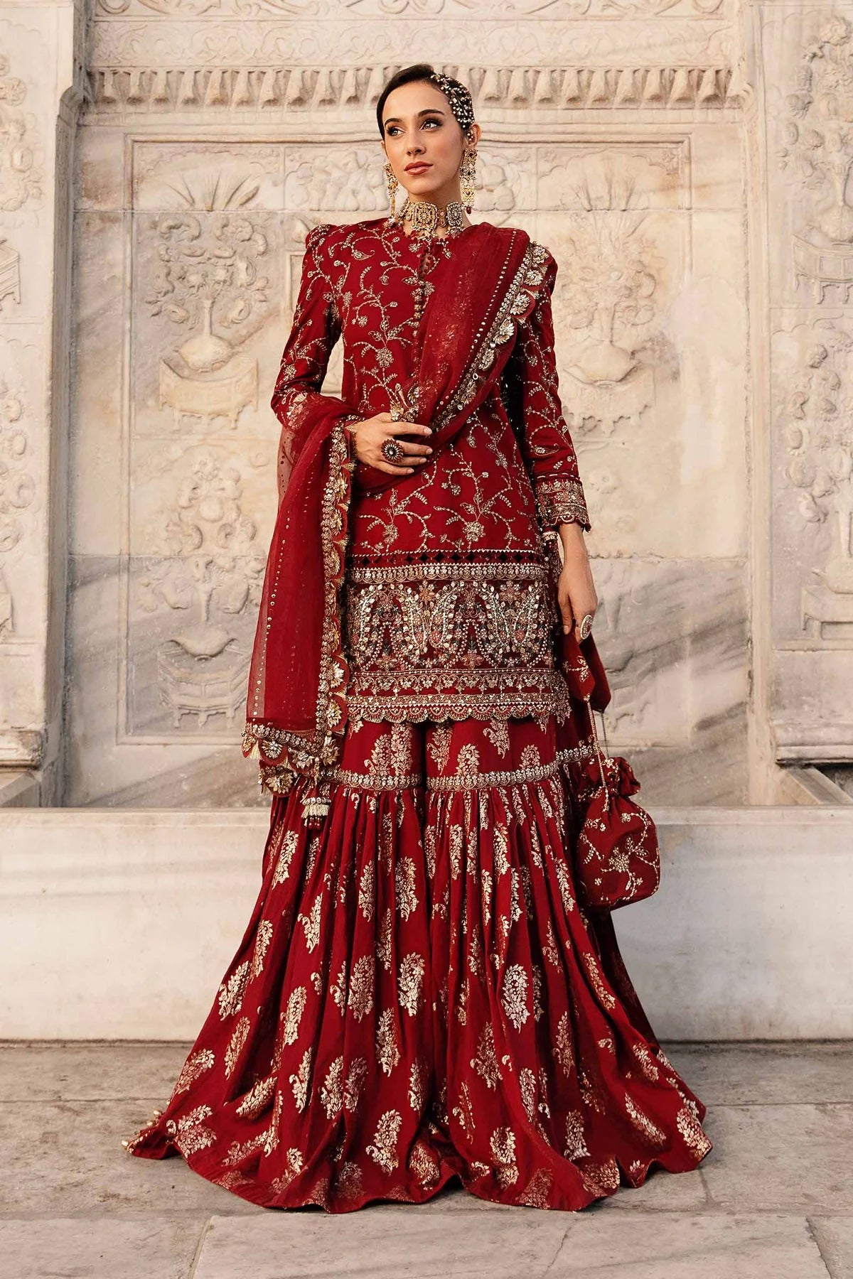 Red Embroidered Cotton Satin Suit By Maria B