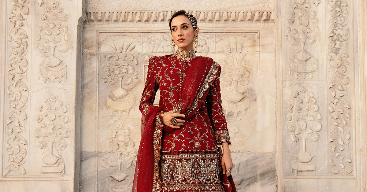 Red Embroidered Cotton Satin Suit By Maria B