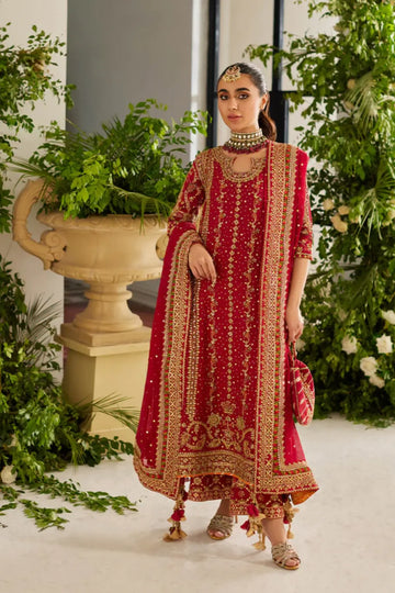 Reema Red & Gold Handmade Silk Net Wedding Formal Shirt with Hand Embellishments, Cotton Silk Pants, Silk Net Dupatta and Matching Pouch
