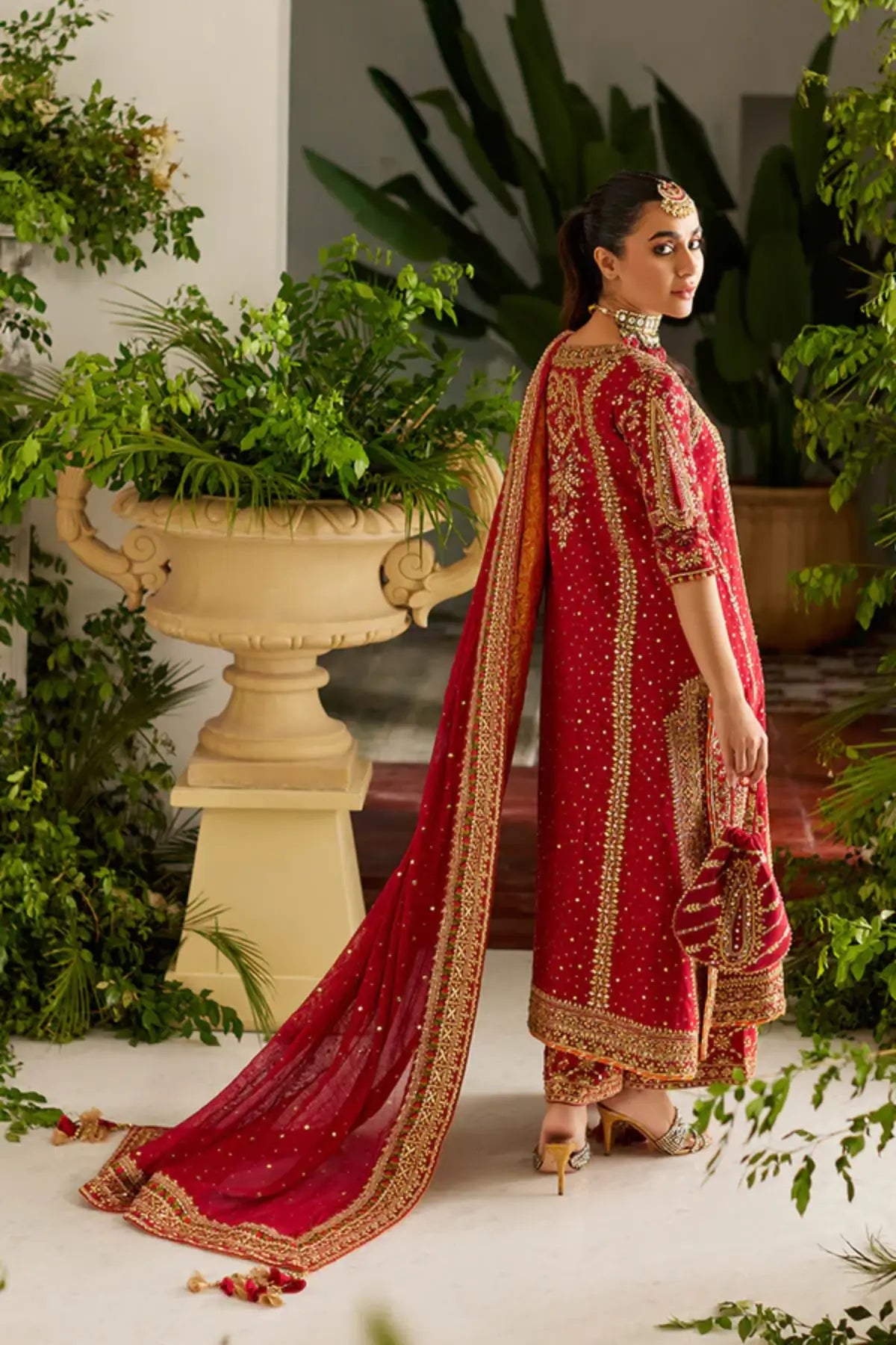 Reema Red & Gold Handmade Silk Net Wedding Formal Shirt with Hand Embellishments, Cotton Silk Pants, Silk Net Dupatta and Matching Pouch