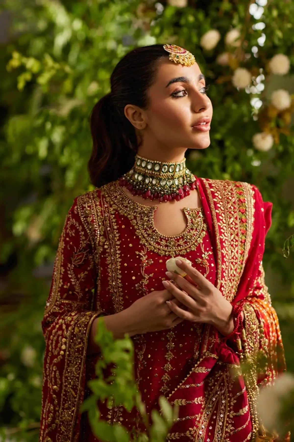 Reema Red & Gold Handmade Silk Net Wedding Formal Shirt with Hand Embellishments, Cotton Silk Pants, Silk Net Dupatta and Matching Pouch