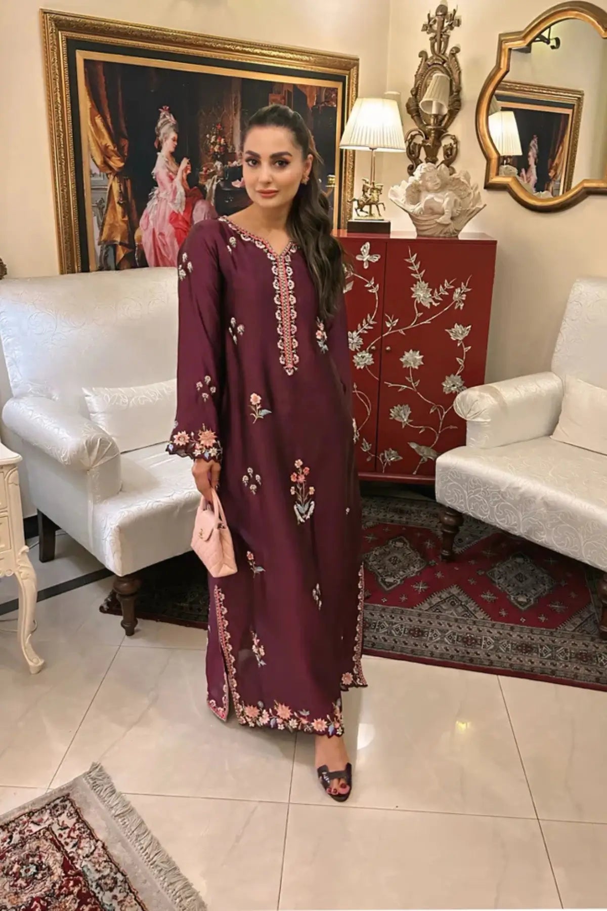 Reene plum sheesha silk stitched kaftan with hand embellishments