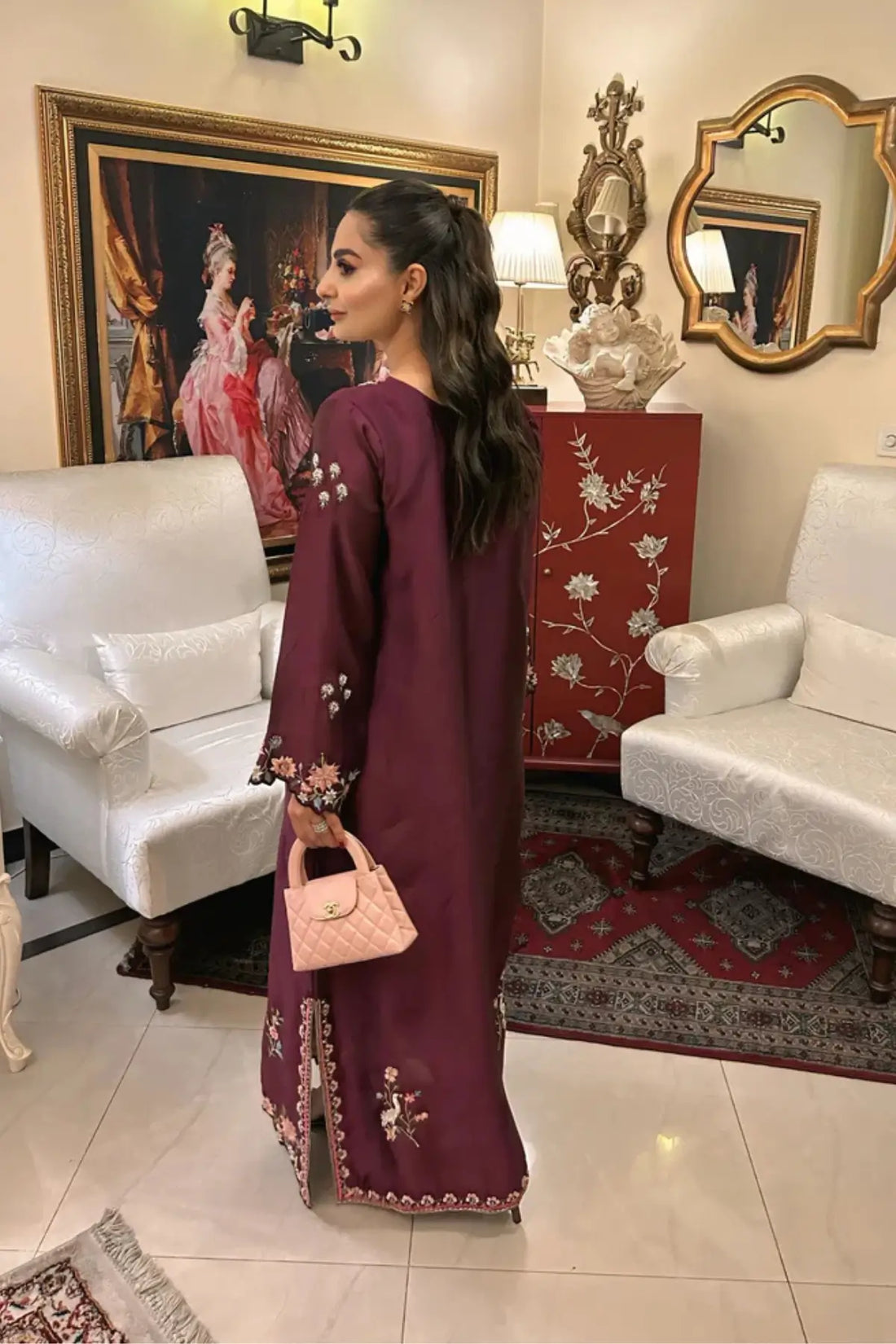 Reene plum sheesha silk stitched kaftan with hand embellishments