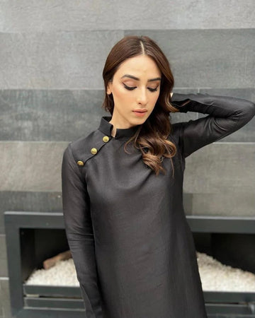 Black raw silk long shirt with trousers and gold buttons – formal set.