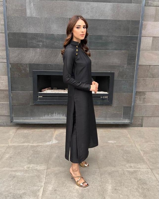 Black raw silk long shirt with trousers and gold buttons – formal set.