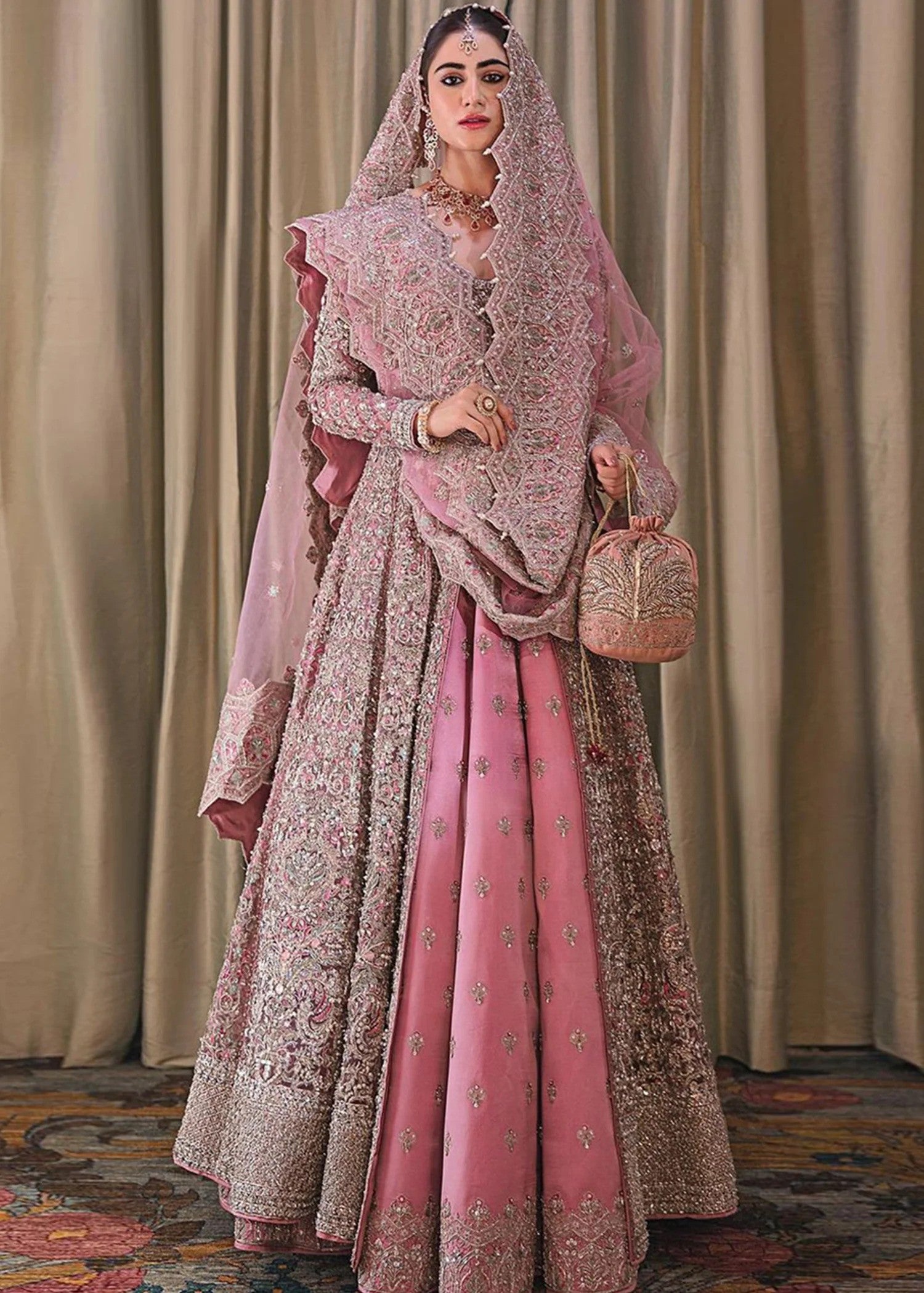 Regal Radiance Bridal Lehenga in Pink and Golden