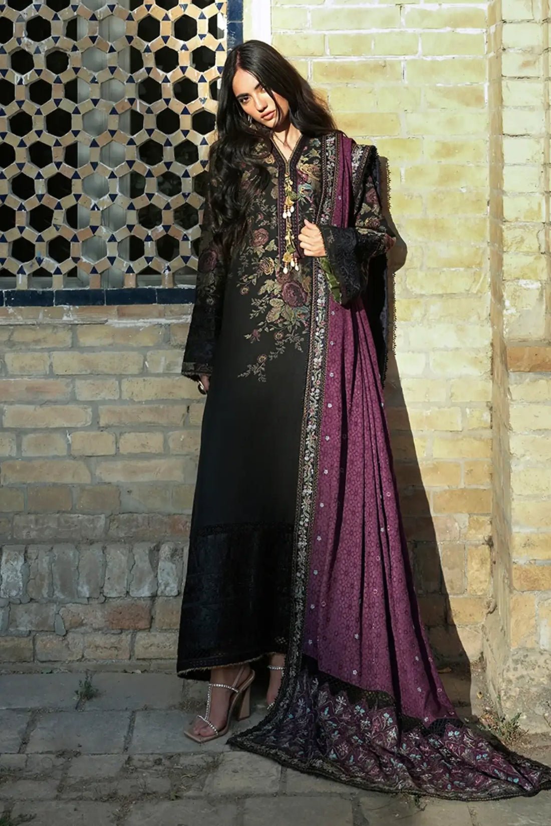 Registan Moon by Mushq Broadway Winter black jacquard viscose stitched suit with embroidered purple shawl