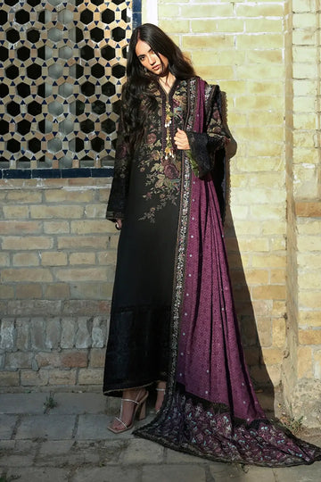 Registan Moon by Mushq Broadway Winter black jacquard viscose stitched suit with embroidered purple shawl