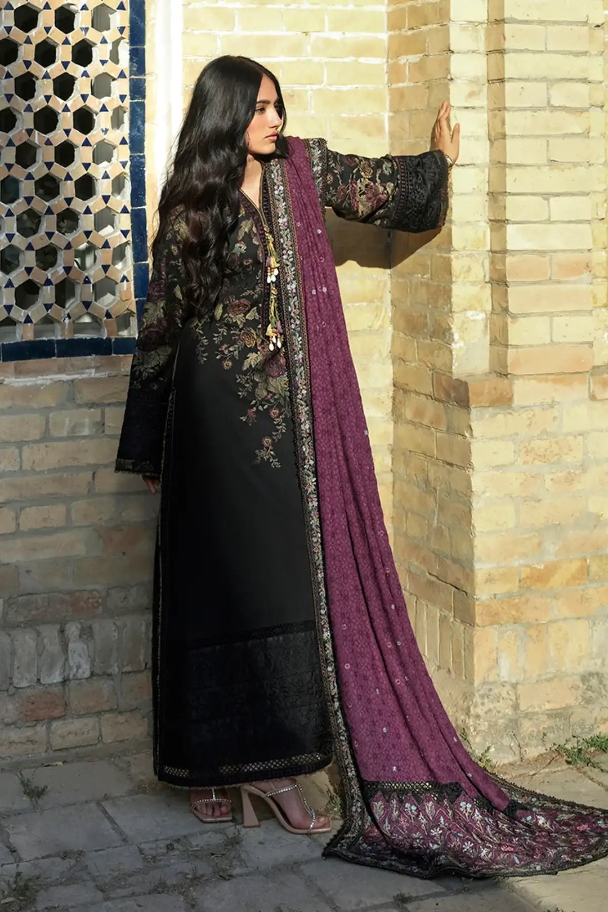 Registan Moon by Mushq Broadway Winter black jacquard viscose stitched suit with embroidered purple shawl
