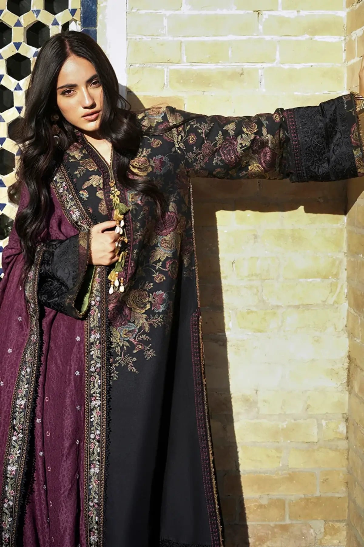 Registan Moon by Mushq Broadway Winter black jacquard viscose stitched suit with embroidered purple shawl