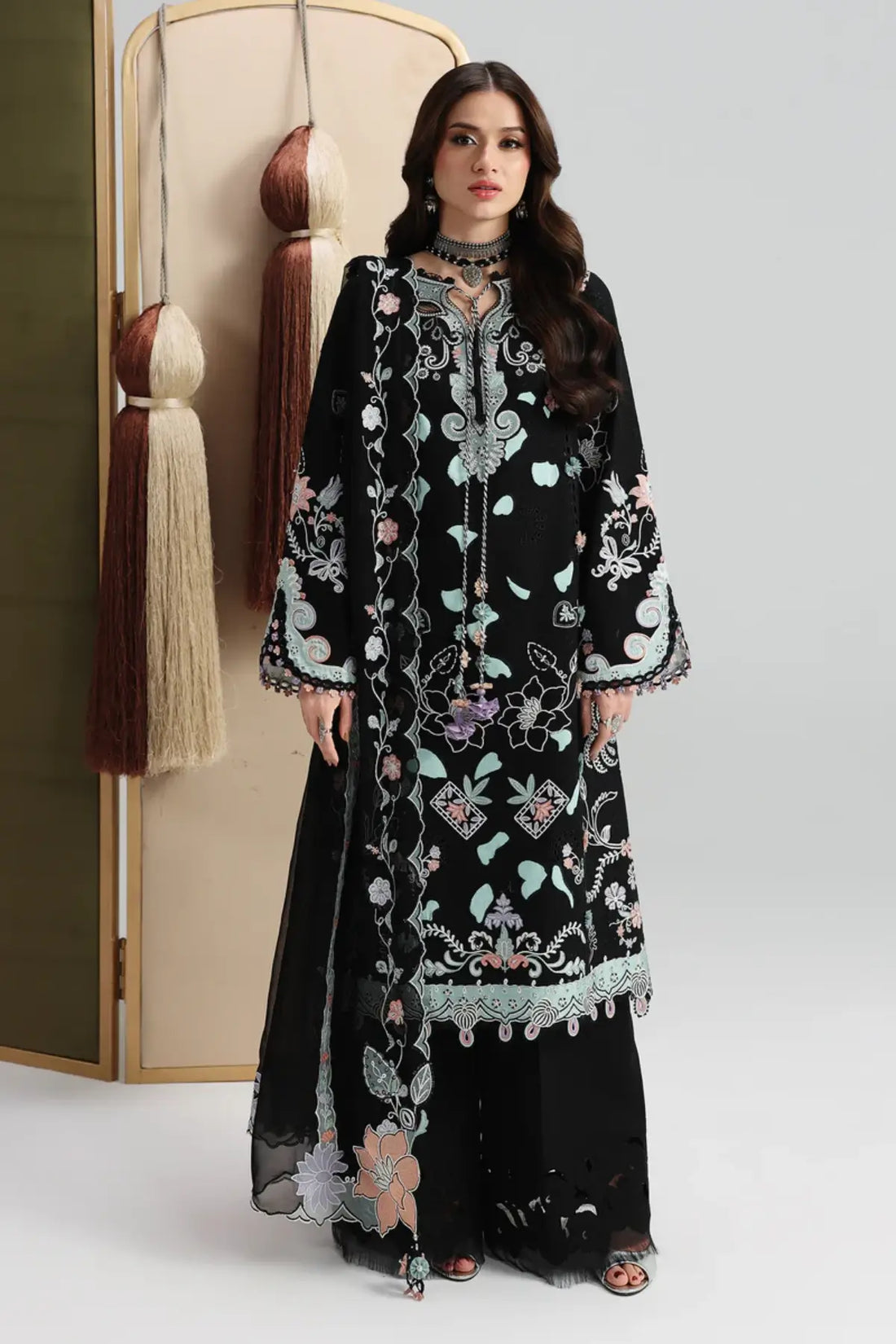 Reha QFL-12 black stitched embroidered lawn 3PC suit with chiffon dupatta by Qalamkar Festive Lawn 2026
