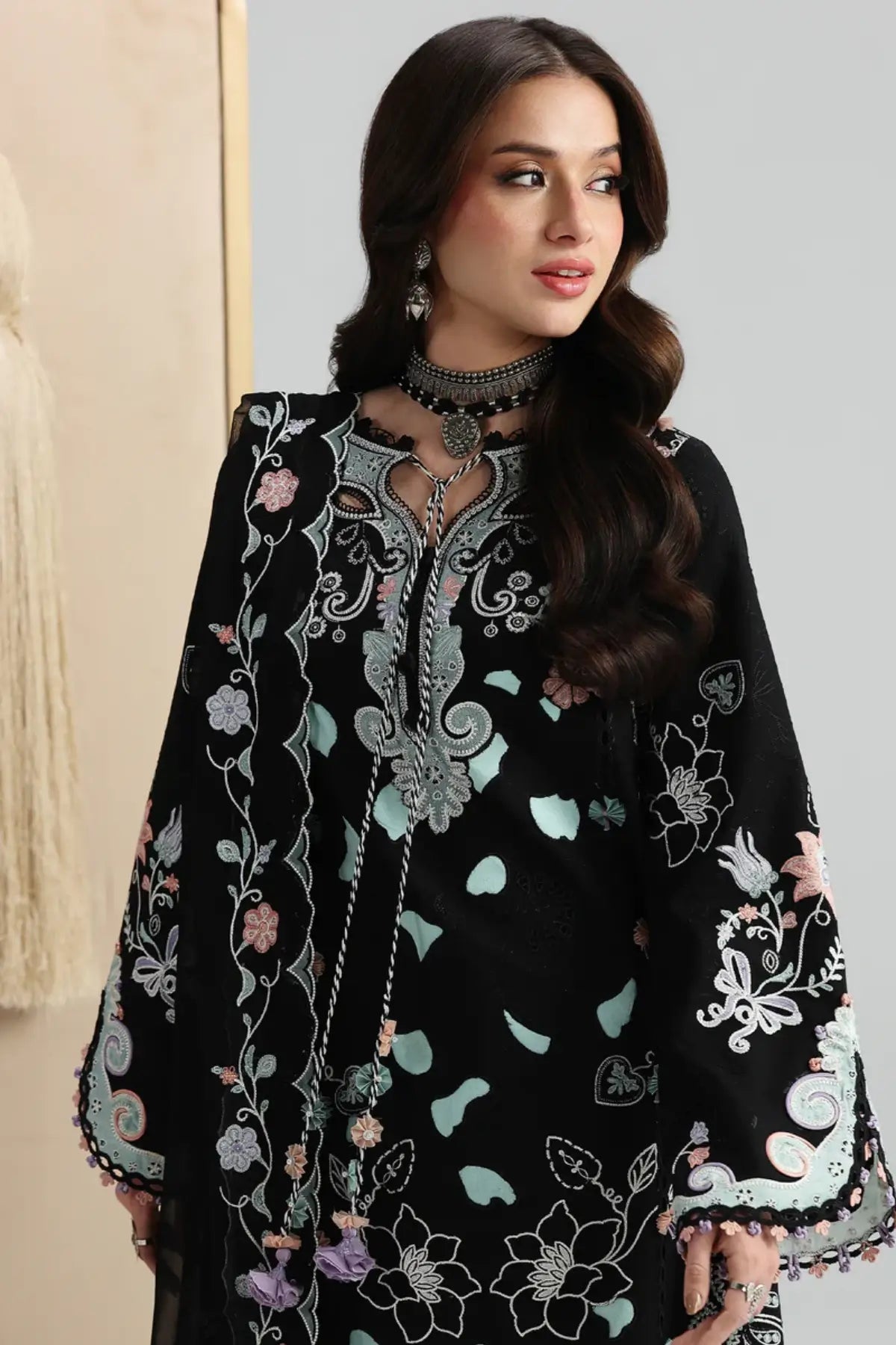 Reha QFL-12 black stitched embroidered lawn 3PC suit with chiffon dupatta by Qalamkar Festive Lawn 2026