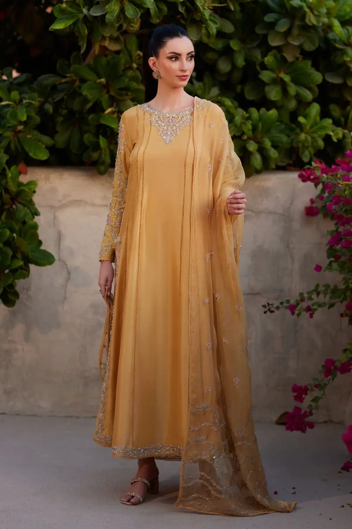 Reha by Kanwal Malik Ghina luxury pret mustard raw silk A-line formal suit with organza dupatta Pakistanimoda