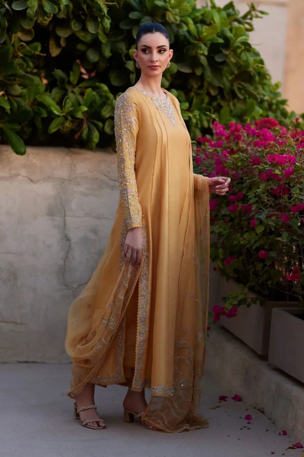 Reha by Kanwal Malik Ghina luxury pret mustard raw silk A-line formal suit with organza dupatta Pakistanimoda