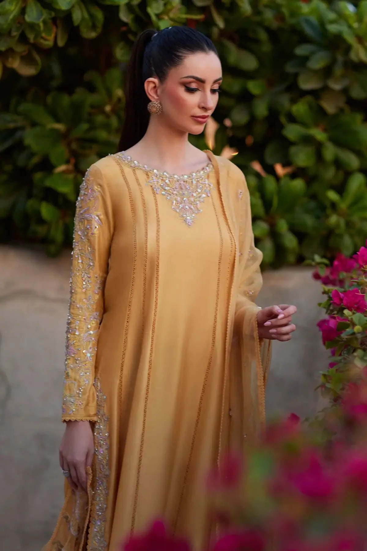 Reha by Kanwal Malik Ghina luxury pret mustard raw silk A-line formal suit with organza dupatta Pakistanimoda