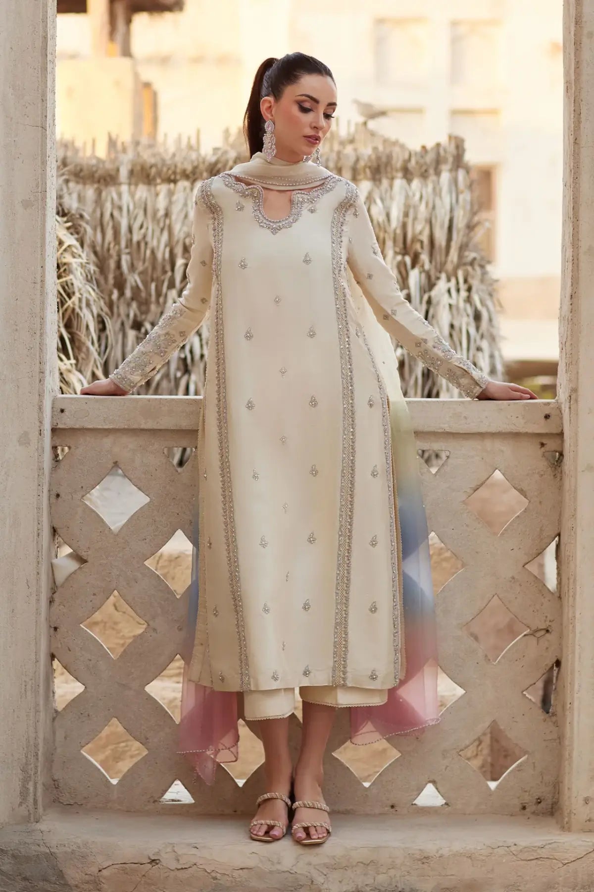 Reham by Kanwal Malik Ghina luxury pret ivory embellished raw silk ensemble with embroidered neckline and organza dupatta Pakistanimoda