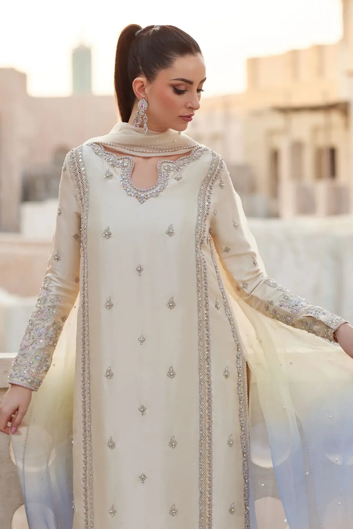 Reham by Kanwal Malik Ghina luxury pret ivory embellished raw silk ensemble with embroidered neckline and organza dupatta Pakistanimoda
