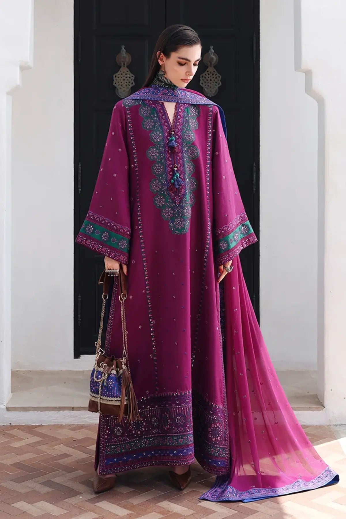 Reina Rouge Nuvera magenta embroidered raw silk stitched 3PC suit with chiffon dupatta