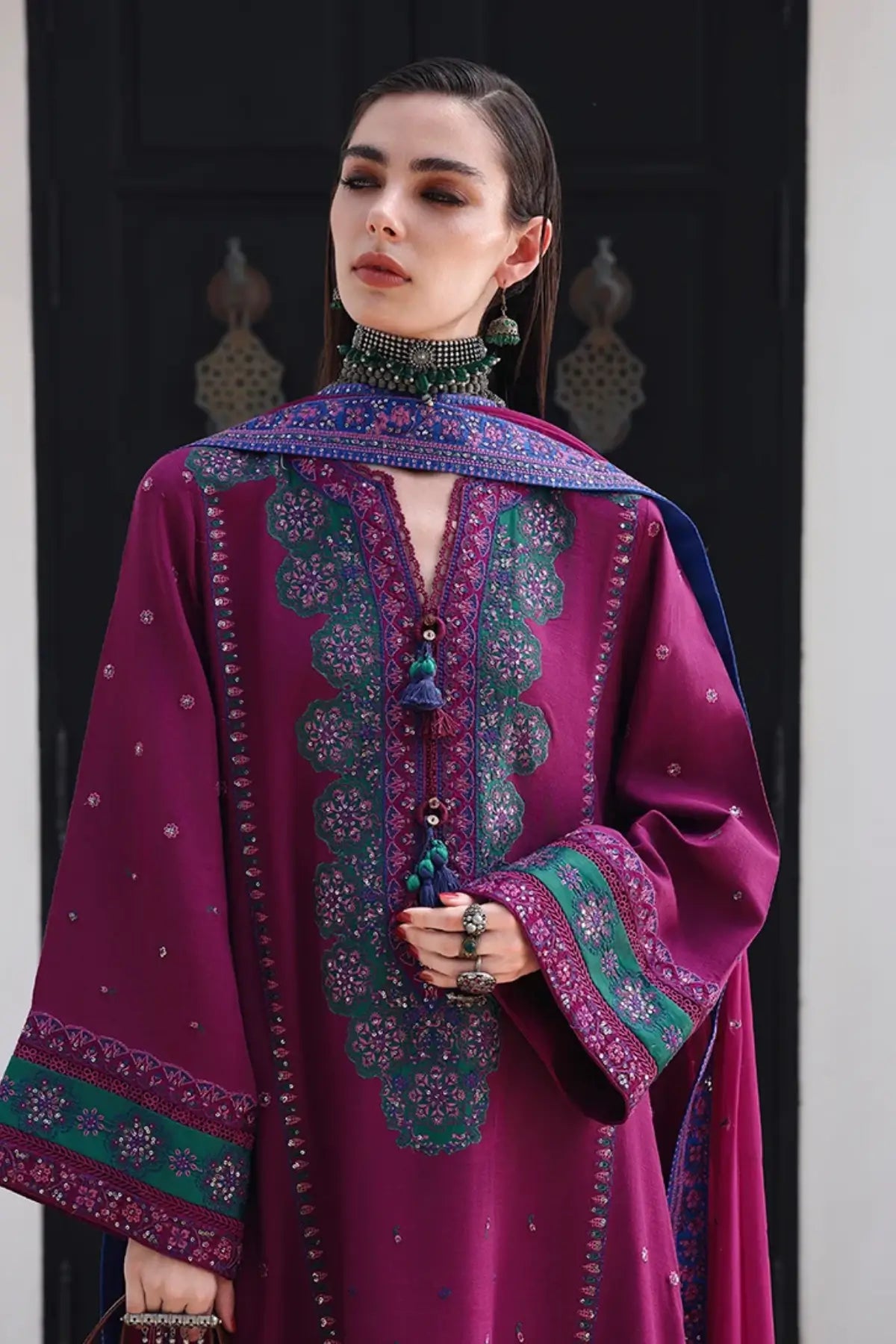 Reina Rouge Nuvera magenta embroidered raw silk stitched 3PC suit with chiffon dupatta