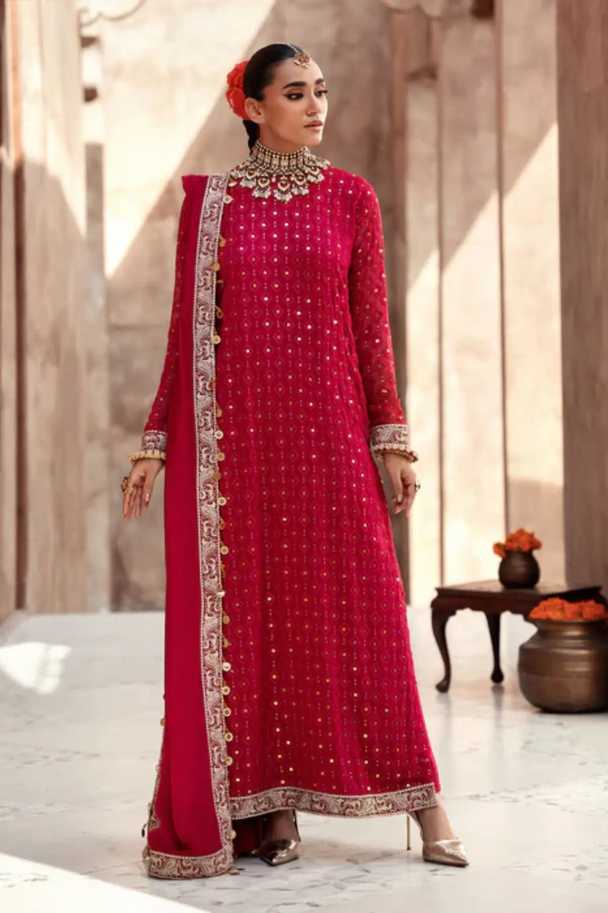 Reit fire red embroidered chiffon long kurta with silk dupatta and raw silk trouser