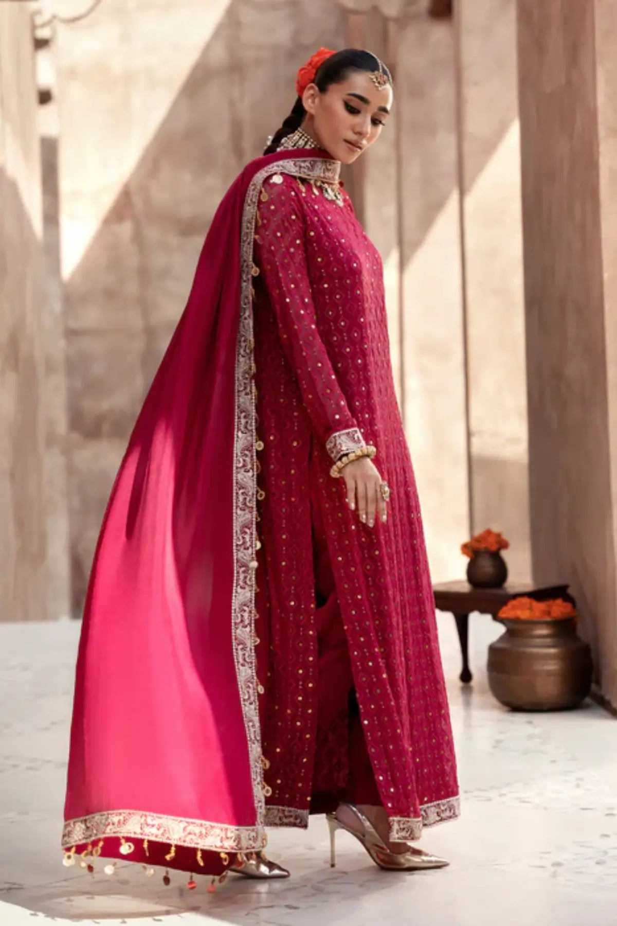 Reit fire red embroidered chiffon long kurta with silk dupatta and raw silk trouser