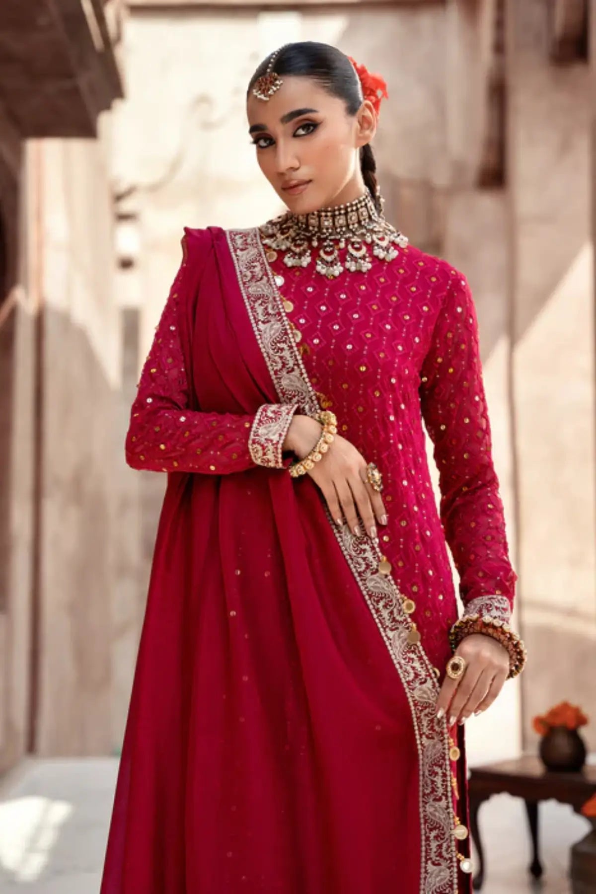 Reit fire red embroidered chiffon long kurta with silk dupatta and raw silk trouser