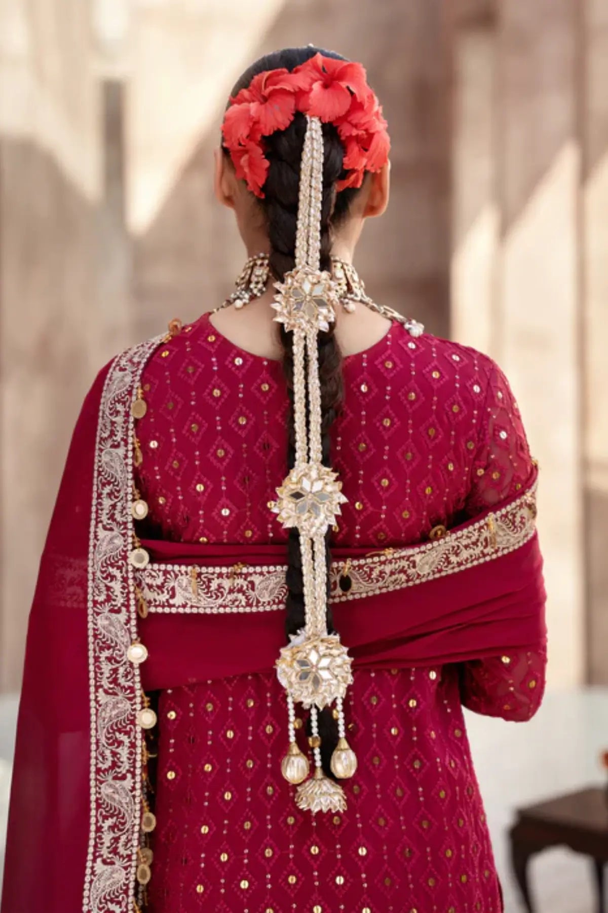 Reit fire red embroidered chiffon long kurta with silk dupatta and raw silk trouser