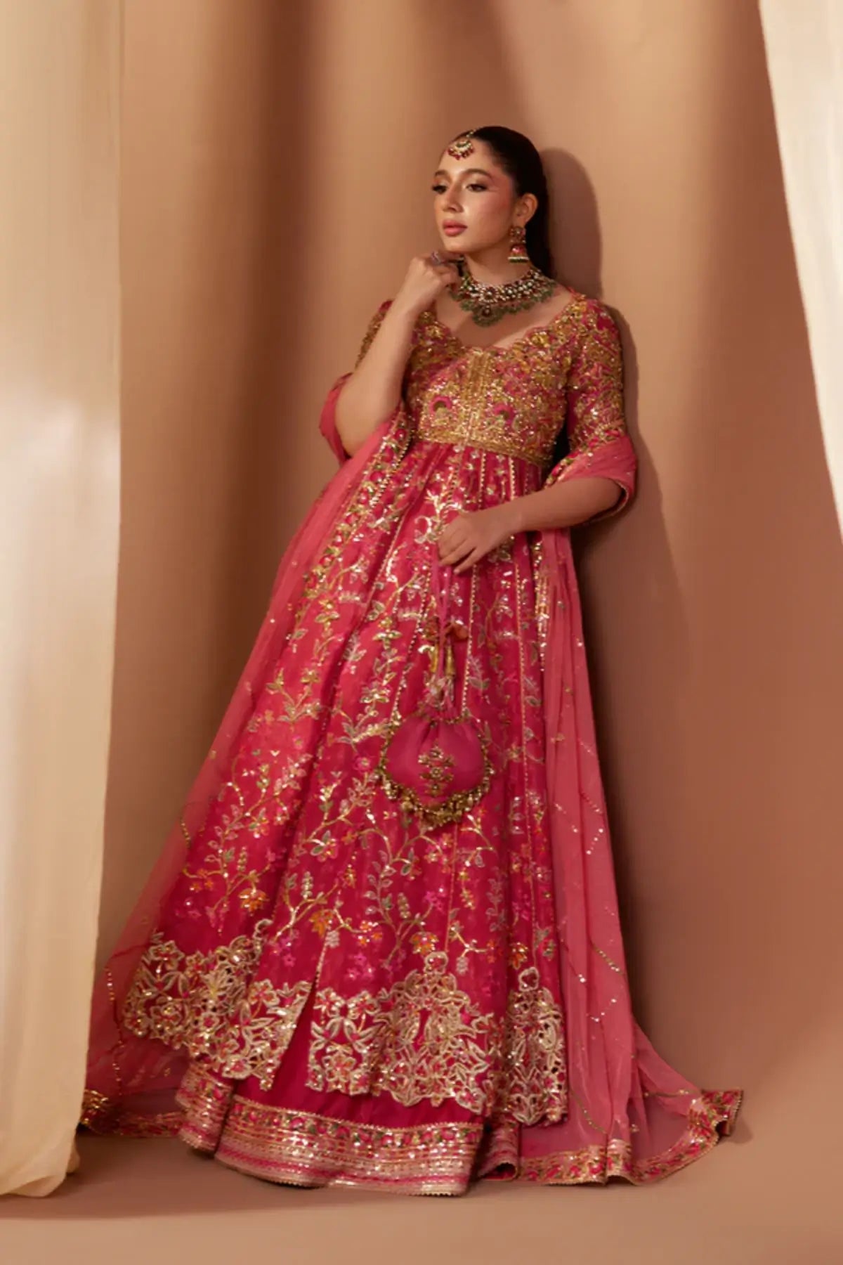 Resham Pink Cotton Silk Pakistani Wedding Pishwas with Gold Botanical Embroidery, Indian Raw Silk Lehenga, Pink Net Dupatta and Embellished Pouch