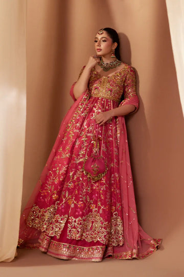 Resham Pink Cotton Silk Pakistani Wedding Pishwas with Gold Botanical Embroidery, Indian Raw Silk Lehenga, Pink Net Dupatta and Embellished Pouch