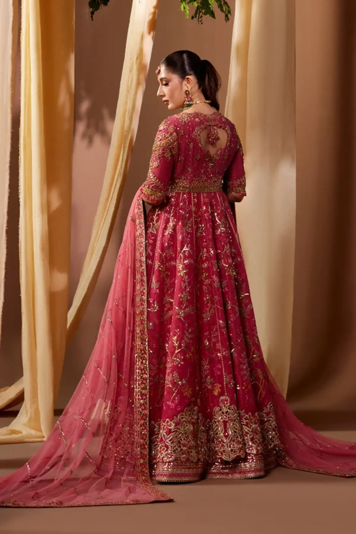 Resham Pink Cotton Silk Pakistani Wedding Pishwas with Gold Botanical Embroidery, Indian Raw Silk Lehenga, Pink Net Dupatta and Embellished Pouch