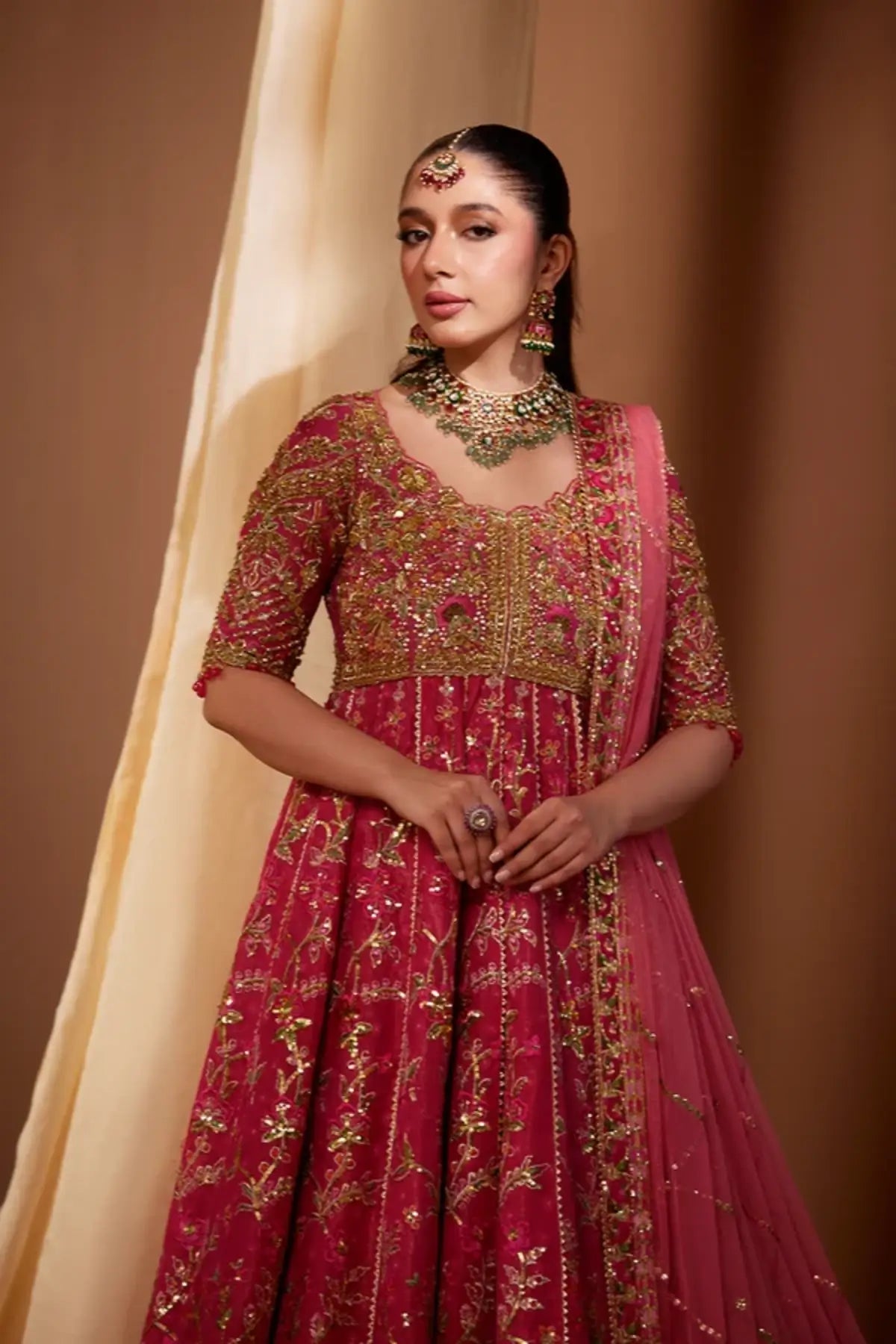 Resham Pink Cotton Silk Pakistani Wedding Pishwas with Gold Botanical Embroidery, Indian Raw Silk Lehenga, Pink Net Dupatta and Embellished Pouch