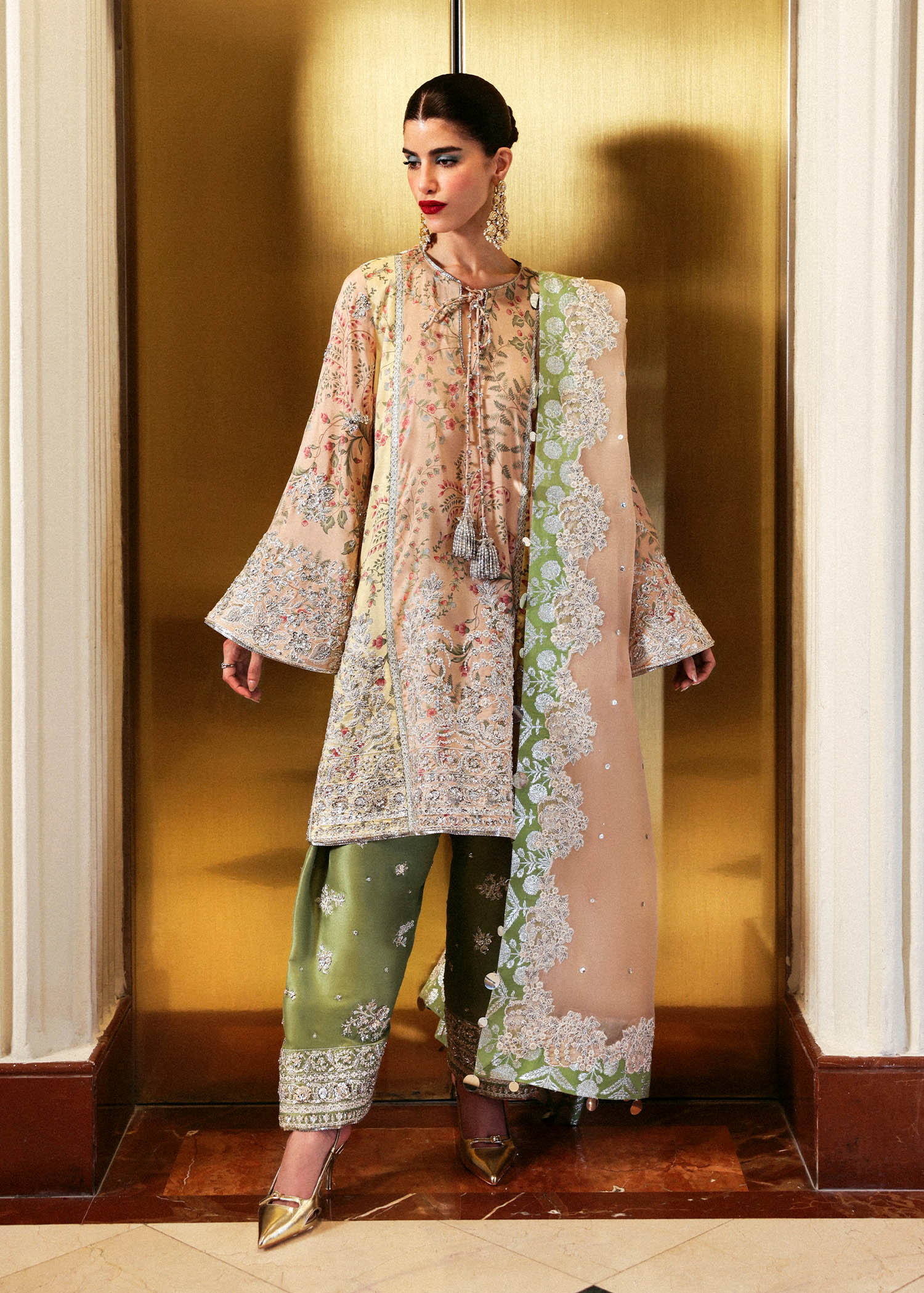 Reve – Tri-color embroidered shirt with peach dupatta and olive embellished shalwar – Pakistani festive outfit at Pakistanimoda
