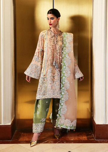 Reve – Tri-color embroidered shirt with peach dupatta and olive embellished shalwar – Pakistani festive outfit at Pakistanimoda