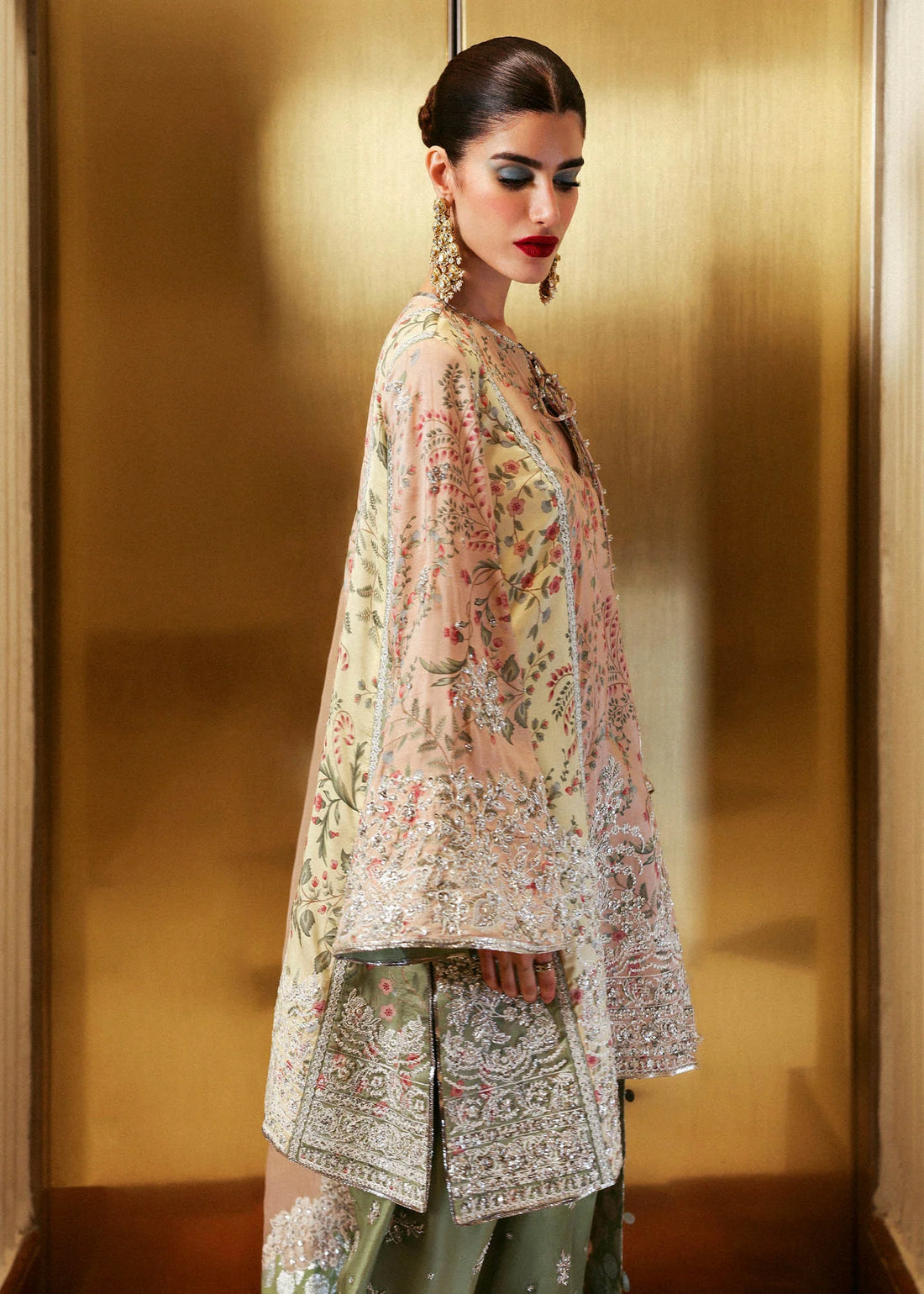 Reve – Tri-color embroidered shirt with peach dupatta and olive embellished shalwar – Pakistani festive outfit at Pakistanimoda