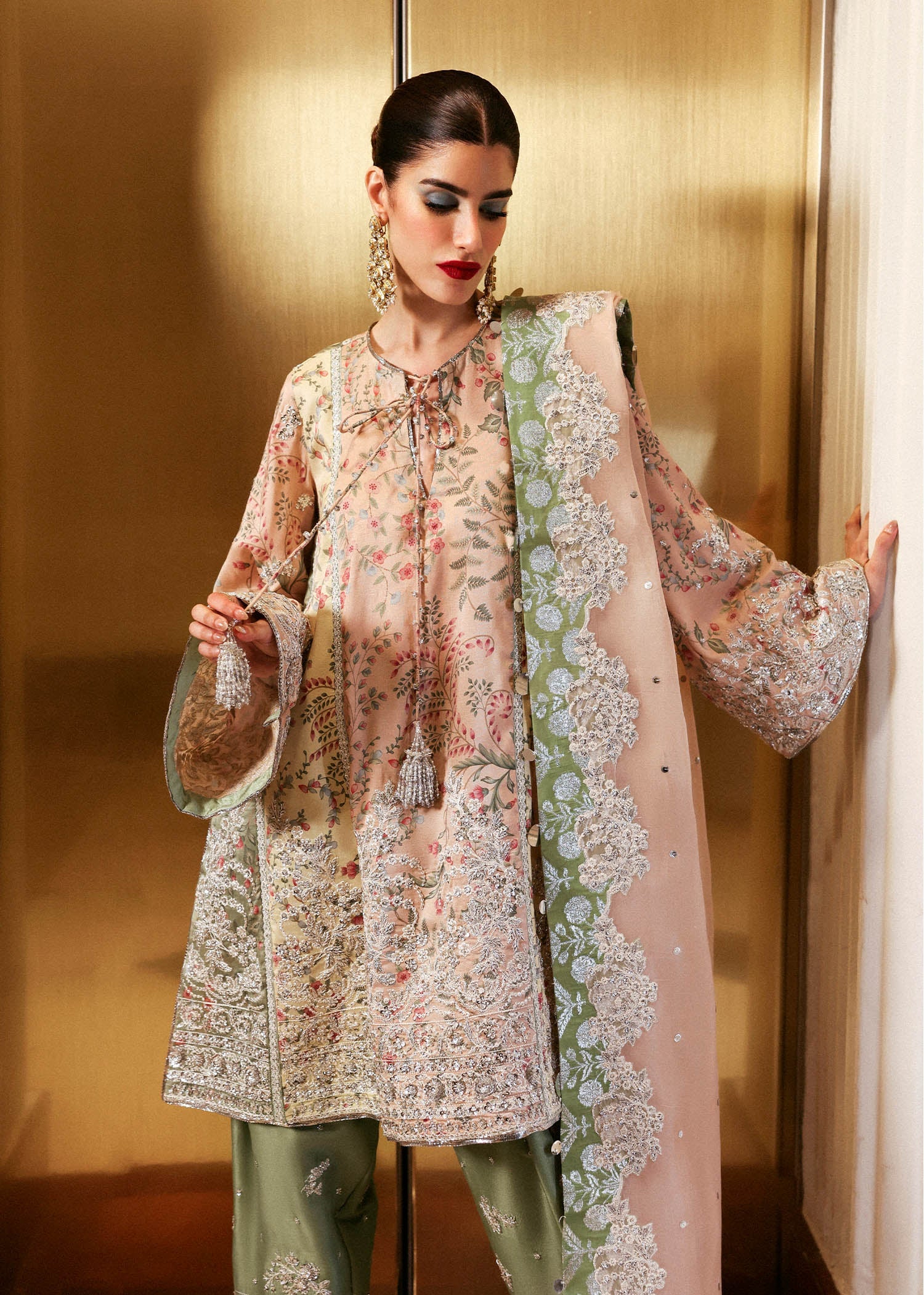 Reve – Tri-color embroidered shirt with peach dupatta and olive embellished shalwar – Pakistani festive outfit at Pakistanimoda