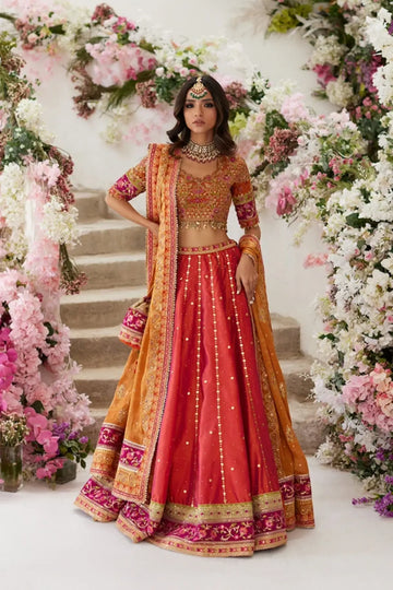 Reya Orange Crystal Embellished Silk Net Wedding Lehenga Choli with Zardozi Handwork, Lame Tissue Dupatta and Matching Pouch