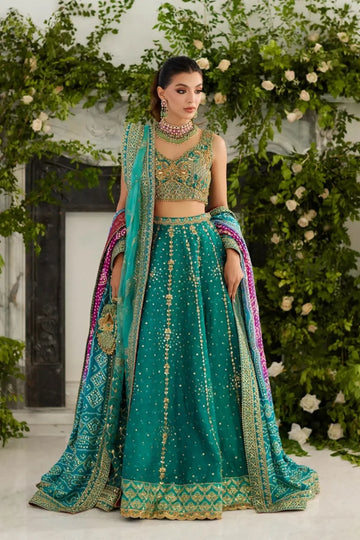 Reyna Teal Gold Embroidered Silk Net Lehenga Choli with Ornate Borders, Contrasting Chunri Dupatta and Embellished Pouch