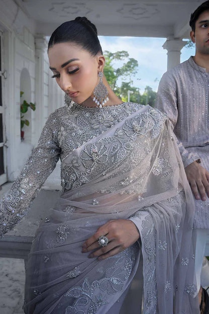 Rezan Maria B Royal-Rawa Lilac Bridal Saree 2025 Edition with pearls, diamantes & gotta work stitched luxury outfit – Pakistanimoda