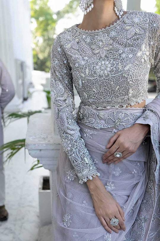 Rezan Maria B Royal-Rawa Lilac Bridal Saree 2025 Edition with pearls, diamantes & gotta work stitched luxury outfit – Pakistanimoda