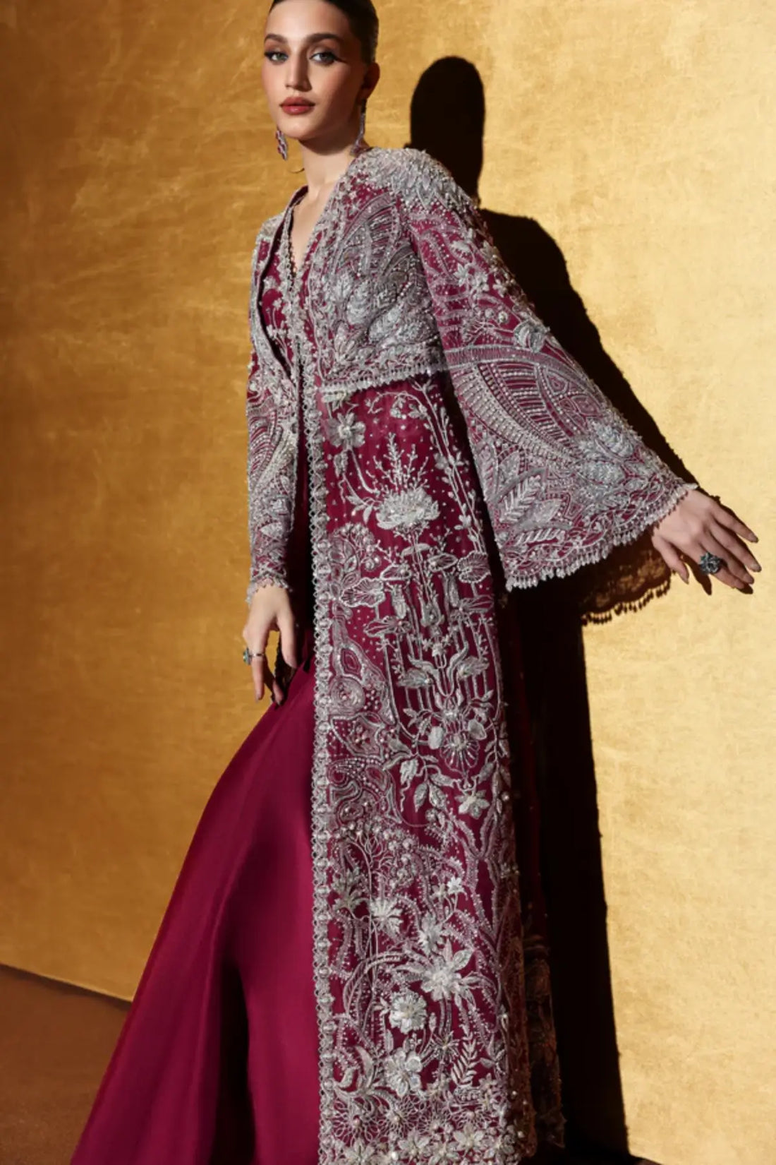 Rhenza by Soraya berry pink formal organza dress with raw silk pants and hand embellished front-open jacket
