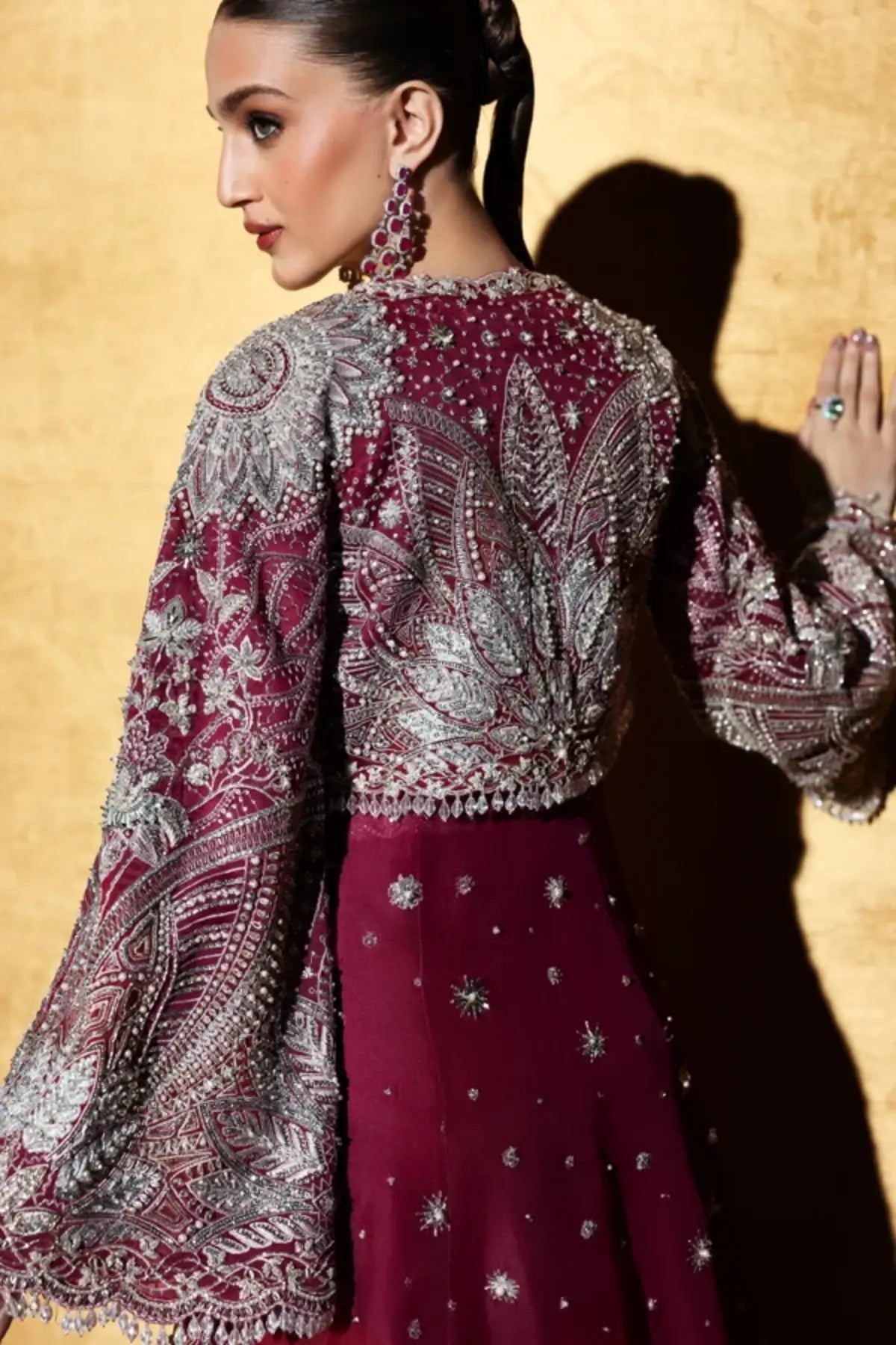 Rhenza by Soraya berry pink formal organza dress with raw silk pants and hand embellished front-open jacket