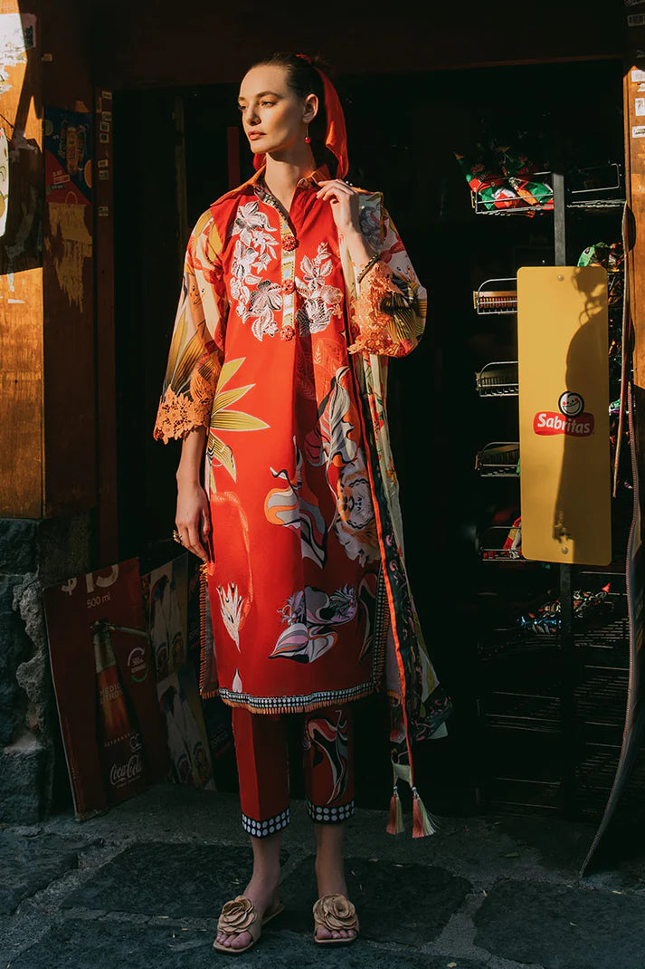 ide Vineyard- Red summer lawn suit with elegant embroidery and printed trousers By- Mushq