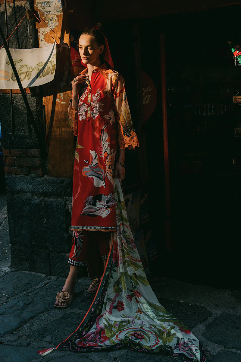 ide Vineyard- Red summer lawn suit with elegant embroidery and printed trousers By- Mushq