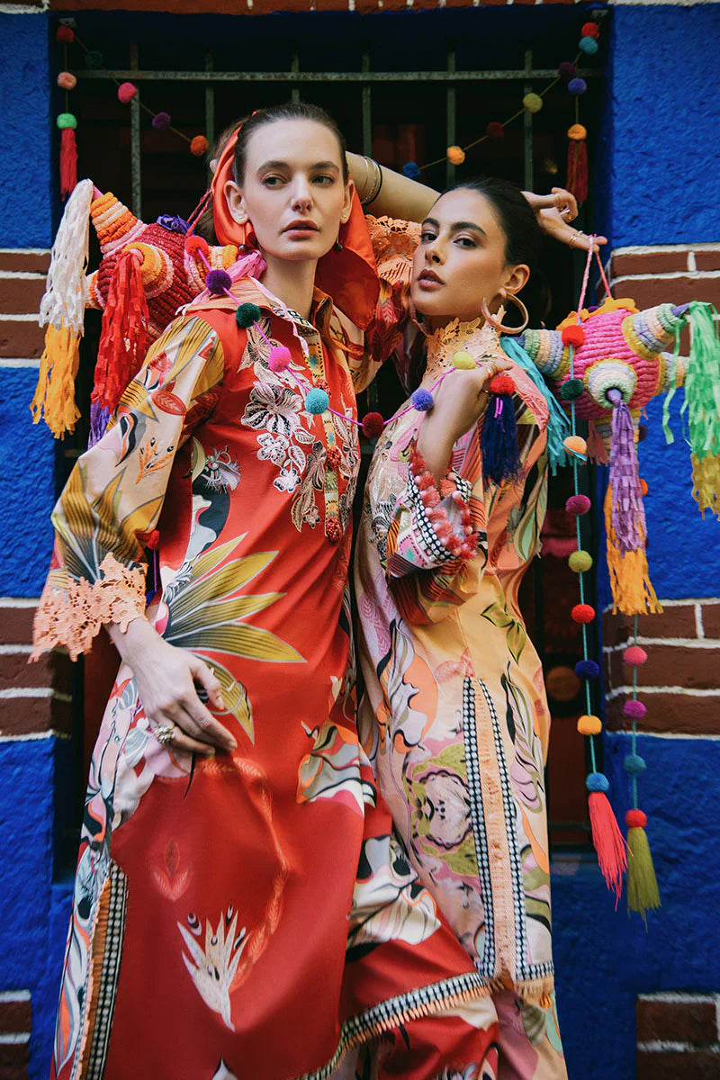 ide Vineyard- Red summer lawn suit with elegant embroidery and printed trousers By- Mushq