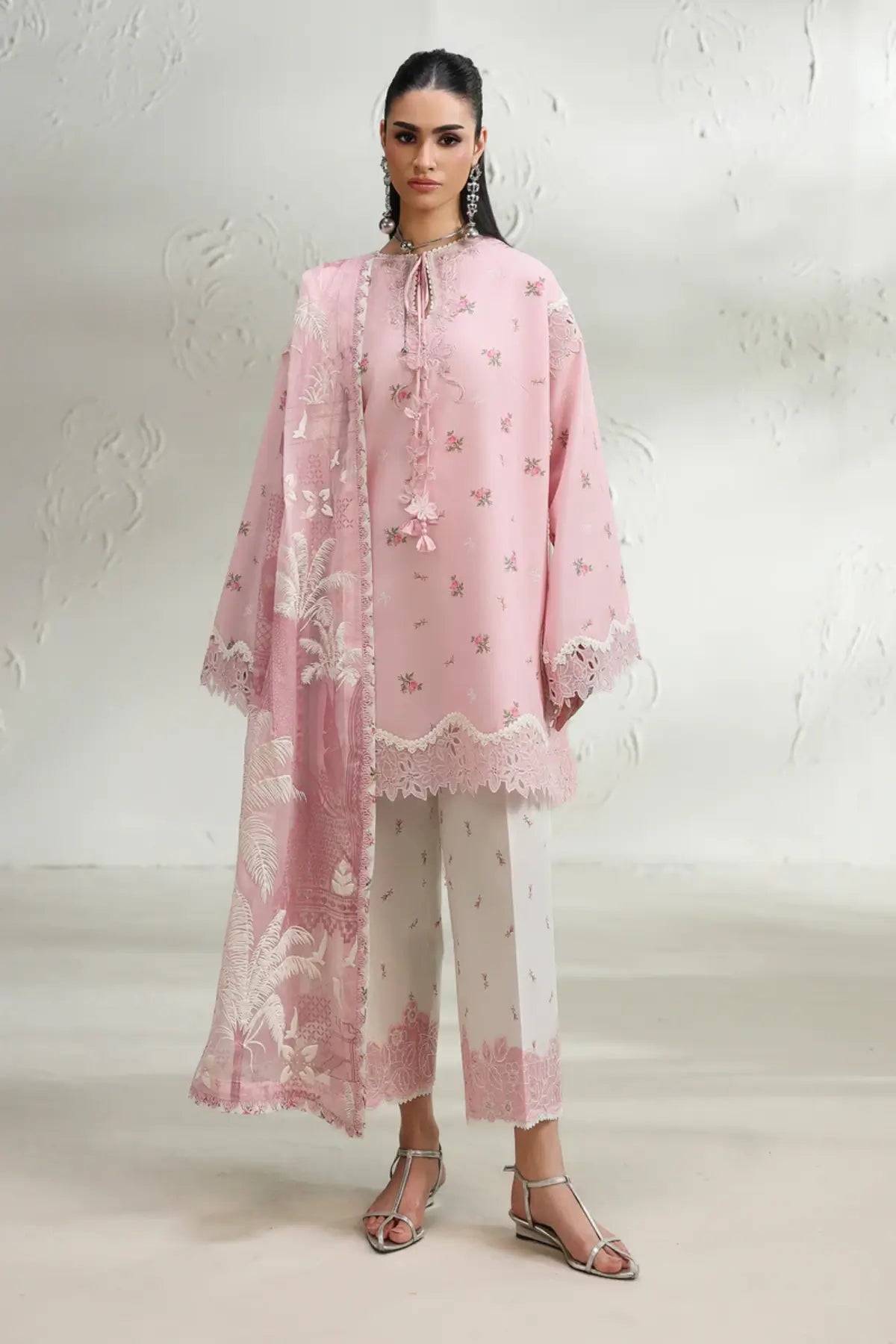 Rimah QQP-02(A) by Qalamkar pink printed lawn stitched 3PC suit with embroidered details and printed chiffon dupatta.