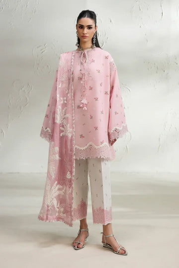 Rimah QQP-02(A) by Qalamkar pink printed lawn stitched 3PC suit with embroidered details and printed chiffon dupatta.