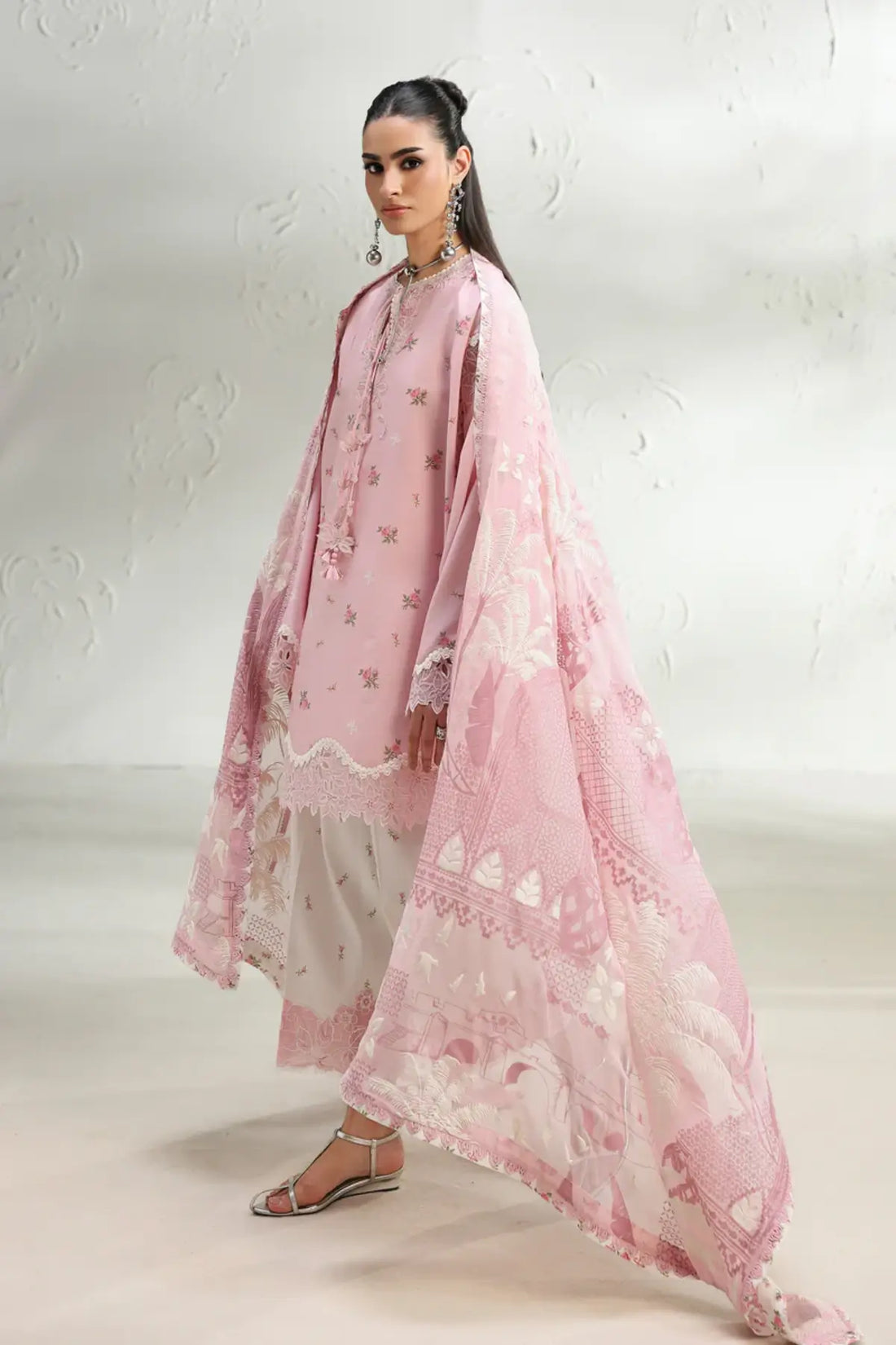 Rimah QQP-02(A) by Qalamkar pink printed lawn stitched 3PC suit with embroidered details and printed chiffon dupatta.