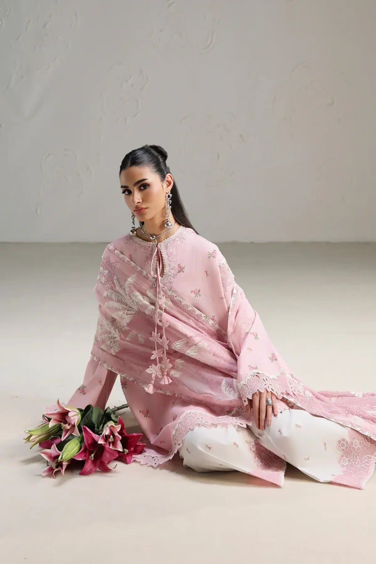 Rimah QQP-02(A) by Qalamkar pink printed lawn stitched 3PC suit with embroidered details and printed chiffon dupatta.