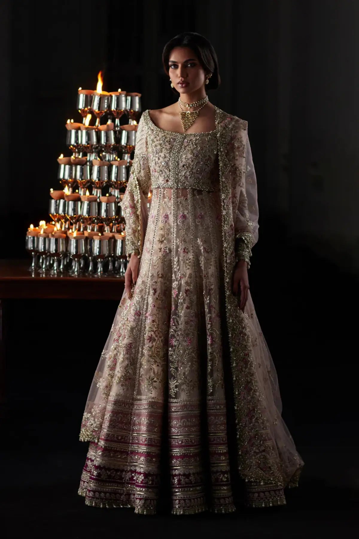 Rina nude pink embroidered net Pishwas by Saad Bin Shahzad with Jamawar lehenga and embroidered net dupatta